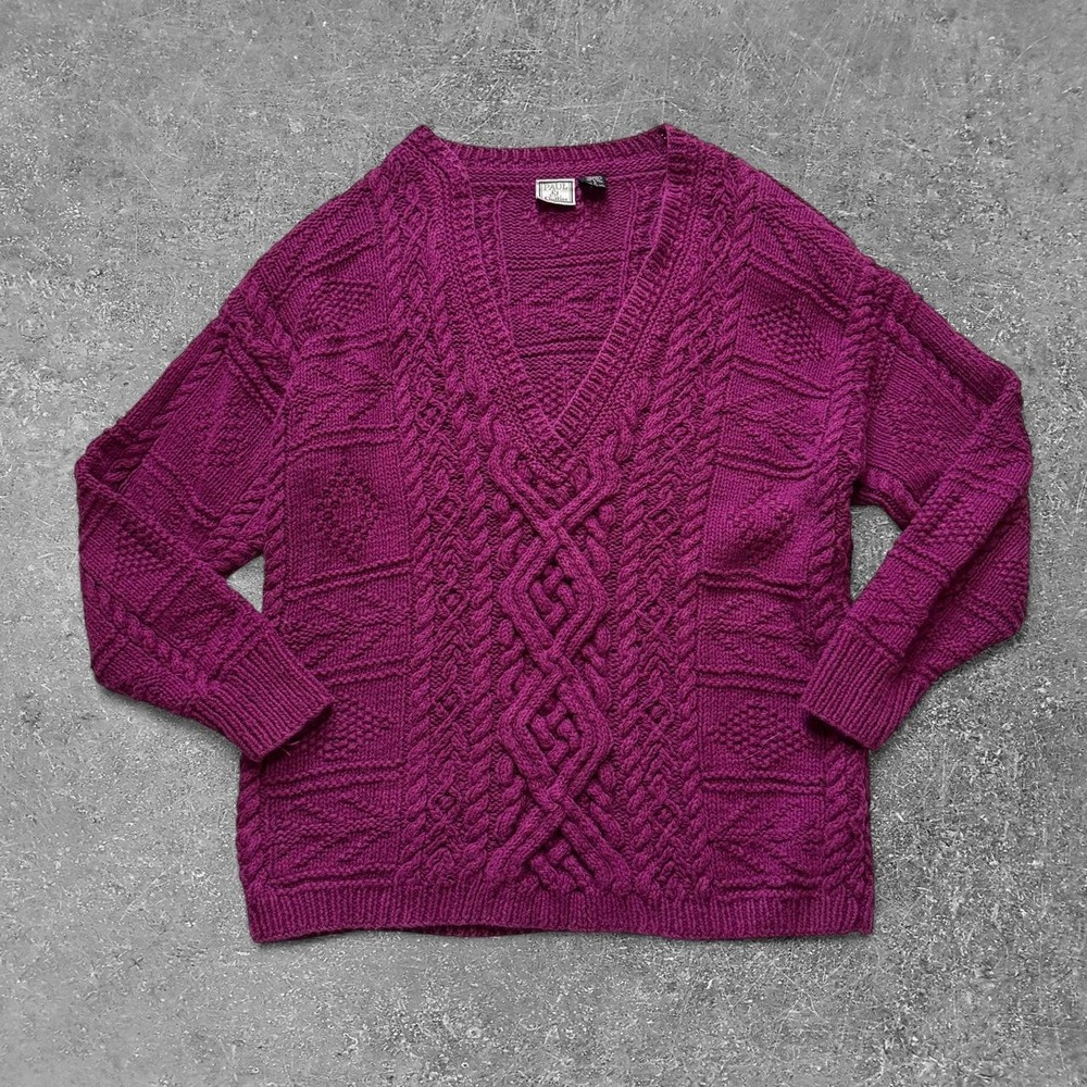 Paul Et Duffier Purple Cable Knit Sweater V-Neck Geometric Ramie Cotton Small